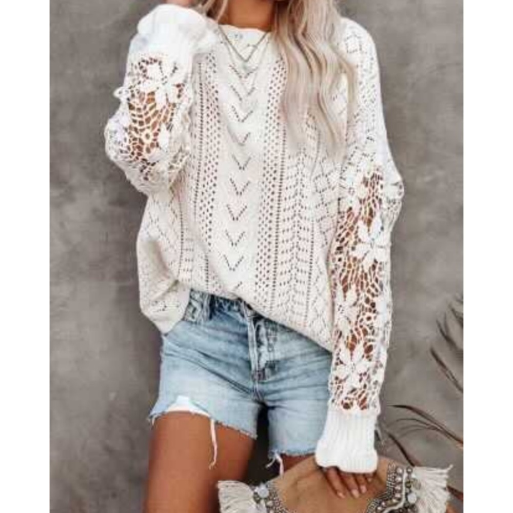 Last 1 S & 5 Star Rated! New Trendy Chic Knit Slouchy Sweater w Crochet Sleeves - Picture 2 of 8